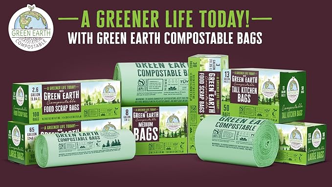 Green Earth Compostable Tall Kitchen Food Scrap Trash Bags, Compost Bin Compatible, 13 Gallon, 49 Liter, 100-Count, Superior Strength 0.9 Mil, ASTM D6400, BPI (US) & OK Compost Home (EU) Certified