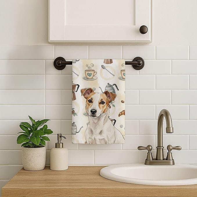 Caroline's Treasures White and Tan Jack Russell Terrier Coffee Bar Kitchen Towel Velour Plush Front and Cotton Loop Back Machine Washable