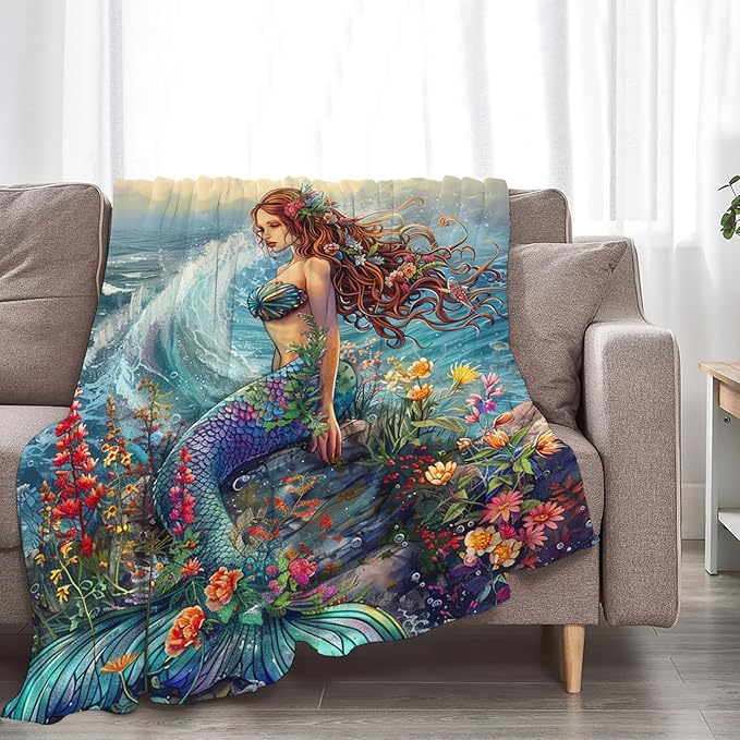 Tijuboni Mermaid Throw Blanket Mermaid Gifts for Girls Women Boys Men Kids Adults Soft Flannel Fleece Blanket for Couch Sofa Bed Home Decor 60"x80"