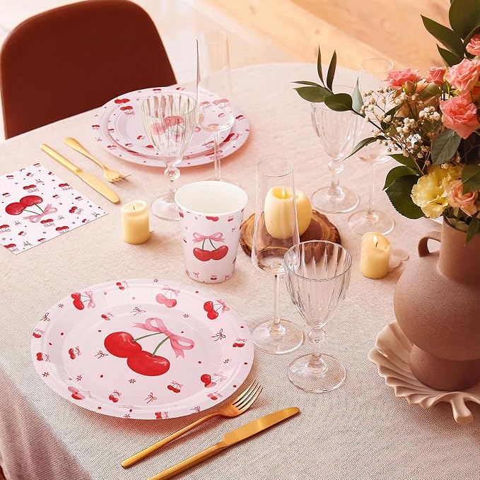 Zhehao 200 Pcs Cherry Decoration Baby Shower Plates Napkins Sets Birthday Party Bridal Shower Decoration Wedding Paper Plates Engagement Bachelorette Supplies, Serve 50