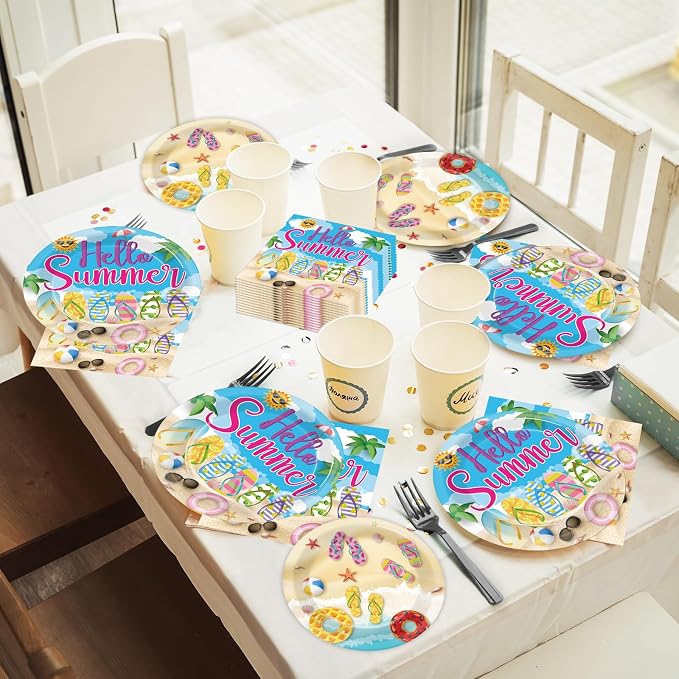 CHUNNIN 96Pcs Hello Summer Plates and Napkins Beach Party Decorations Hawaiian Tropical Disposable Paper Dessert Plates Tableware Set for 24 Guests Kids Summery Ocean Pool Birthday Party Supplies