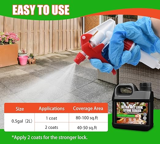 Wet Look Stone Sealer - 64oz Ultra Gloss Paver Sealer Stone Color Enhancer Concrete Sealer with Long-Lasting Gloss Protection, Stain Proof for Interior and Exterior Slate, Driveway, Floor, Standstone