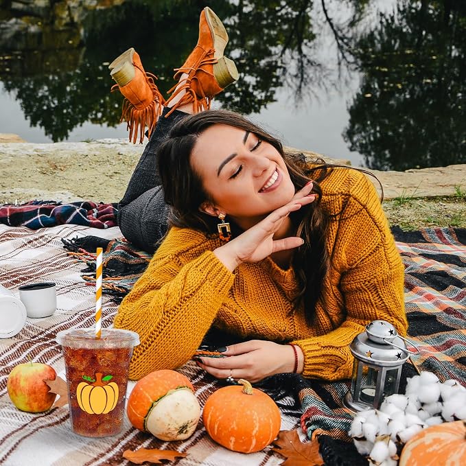 Whaline 50 Pcs Fall Disposable Plastic Cups with Lids and Straws Thanksgiving Party Cups 12oz Orange Pumpkin Cold Beverage Drinking Cup for Harvest Party Autumn Supplies