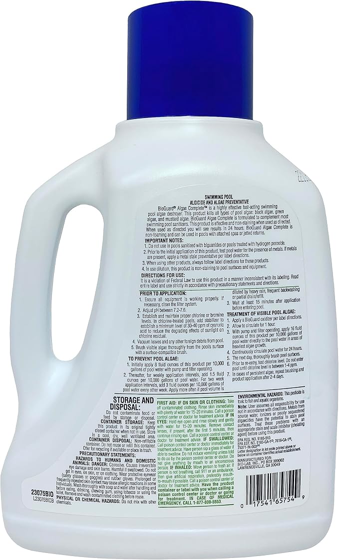 BioGuard Algae Complete Dual Action Algaecide, 2 Liter, Single Pack | Non-Staining and Non-Foaming, Prevents All Types of Algae