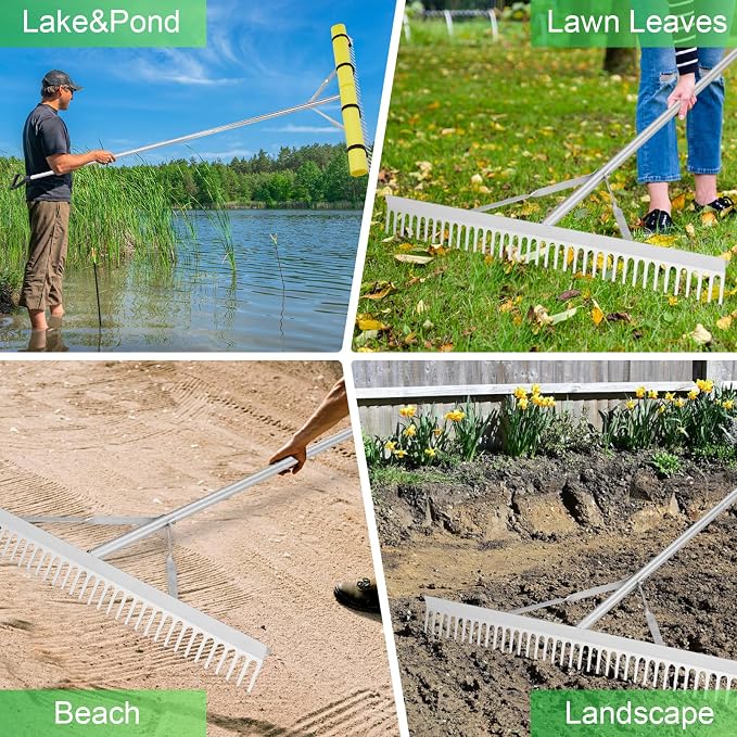 Pond Rake, 36" Aquatic Lake Weed Rake with 8.5' (102'') Adjustable Extension Pole, Rope and Float, 52' Throw, Aluminum Landscape Harrow for Lake, Lawns, Gardens, Beach