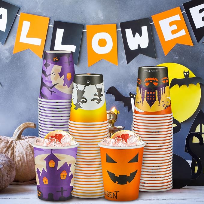Qeeenar 240 Pcs 9 oz Halloween Disposable Paper Cups, Witch Design, Cylindrical Shape, Hot Drinks, Purple & Orange Colors, Halloween Party Supplies