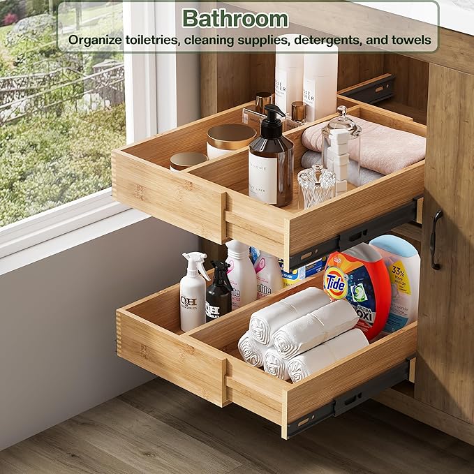BAMEOS 2-Pack 14" to 20" Adjustable Width Soft Close Slide Out Bamboo Wood Drawer Organizer for Kitchen,Pantry, Bathroom & Under Sink, 2-Pack Wooden Storage, 21" Depth, 66 lbs Capacity