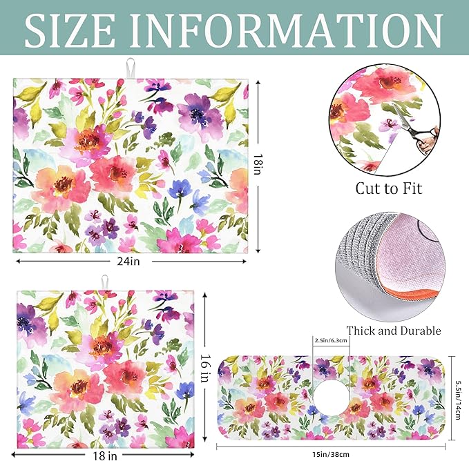 3Pcs Watercolor Flower Dish Drying Mat & Kitchen Sink Splash Guard Faucet Mat For Kitchen Counter Absorbent Microfiber Dishes Pad Dish Drainer Rack Mats Fast Dry Kitchen Accessories