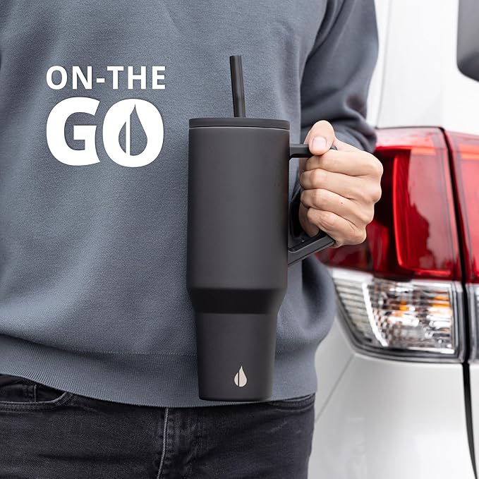 Elemental 40 oz Tumbler with Handle and Straw - Spill Proof Insulated Stainless Steel Commuter for Cold Beverages - Travel Coffee Mug with 2 Straws & Spill Proof Lid - 40oz - Black