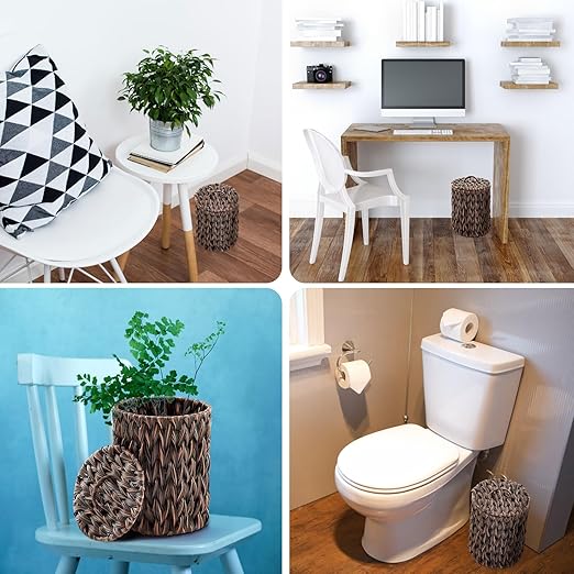 Ctosree 1.3 Gallons Small Trash Can with Lid Handle Boho Woven Braided Bathroom Waste Basket Trash Can with 100 Garbage Bags for Bedroom Office Laundry(Braided Polypropylene, Dark Brown)