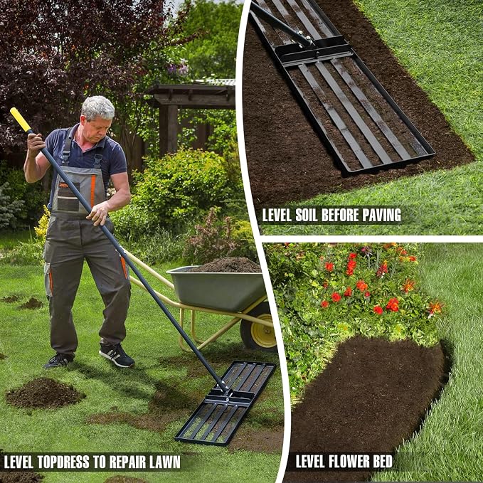 Jardineer 45 Inch Heavy Duty Lawn Leveling Rake, 72 Inch Long Handle Yard Leveler for Grass Soil, Ground Dirt Leveler Tool for Lawn, Garden, Golf Course Maintenance