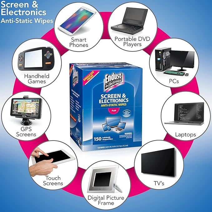 Endust for Electronics; Individually Wrapped, Portable, Anti-Static, Screen & Electronics Cleaning Wipes; 150 Count (14316)