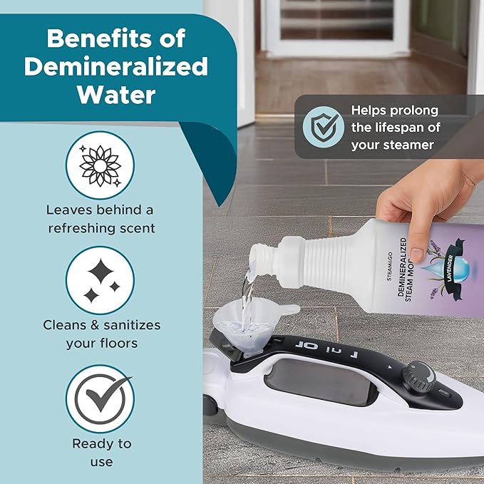 Steam & Go Demineralized Water for Steam Cleaner - PVC-Free Floor Cleaning Solution Compatible for All Steam Mops - Multi-Surface Cleaner for Home Surfaces - Lavender Scent, 32 oz (Pack of 12)