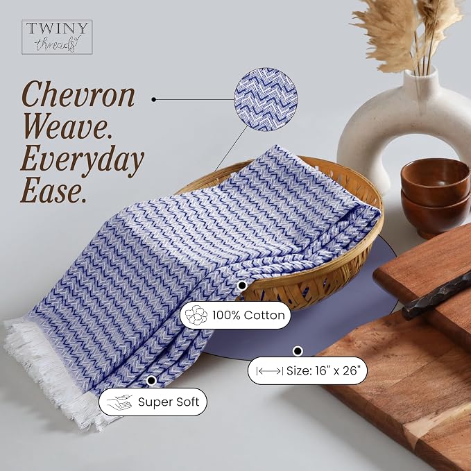 TWINY threads Dish Towel Chevron Design Assorted Colors, Premium Large 100% Cotton Kitchen Linen Set, Quick Drying Absorbent Wash Rags, Reusable Washable for Daily Cleaning, 4 Pack, 16 x26 Inch