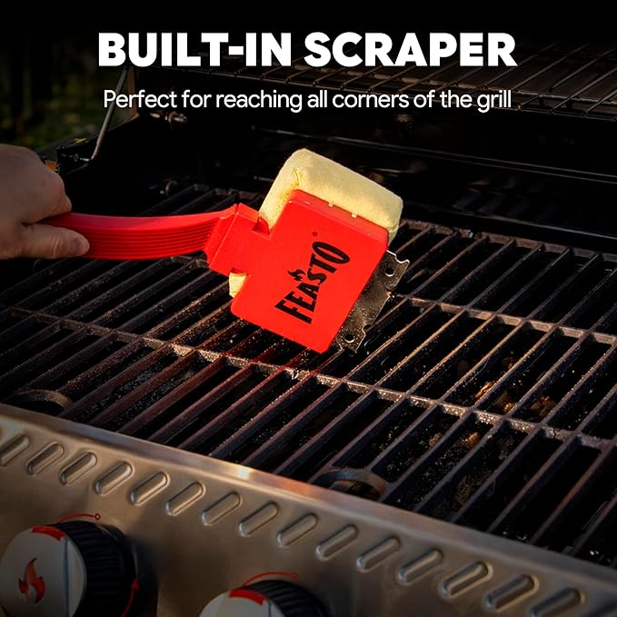 Feasto Bristle Free Grill Brush with Scraper for Outdoor Grills, Reinforced Steam BBQ Cleaning Brush with Replaceable Cleaning Head, Safe Grill Cleaner for Cast Iron & Stainless Steel Grates, Red
