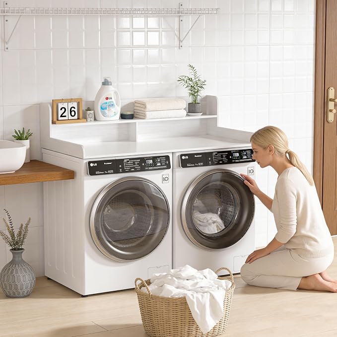Piskyet Washer Dryer Countertop,2- Tier Laundry Countertop with Edge Rails,27.5" Depth x 54" Wood Countertop,Laundry Machine Topper for Laundry Room Organization and Storage(White)