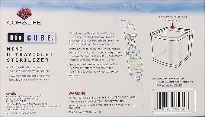 Coralife Aquarium Fish Tank Marine Salt Water Turbo-Twist UV Sterilizer, Mini, For BioCubes