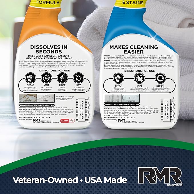 RMR Shower Shield Power Pack – Glass & Surface Cleaner/Repellent + Xtreme Soap Scum Remover, Multi-Surface Cleaning Kit for Bathroom, Tile, Glass, & Surfaces, 2–32 Oz Bottles