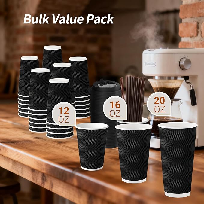 16 oz 100 Pack Corrugated Ripple Wall Disposable Coffee Cups with Lids and Straws, Heavy Duty Insulated Cups for Hot Beverage or Cold Drinks, Bulk for Restaurants, Offices, Coffee Shops(Black)