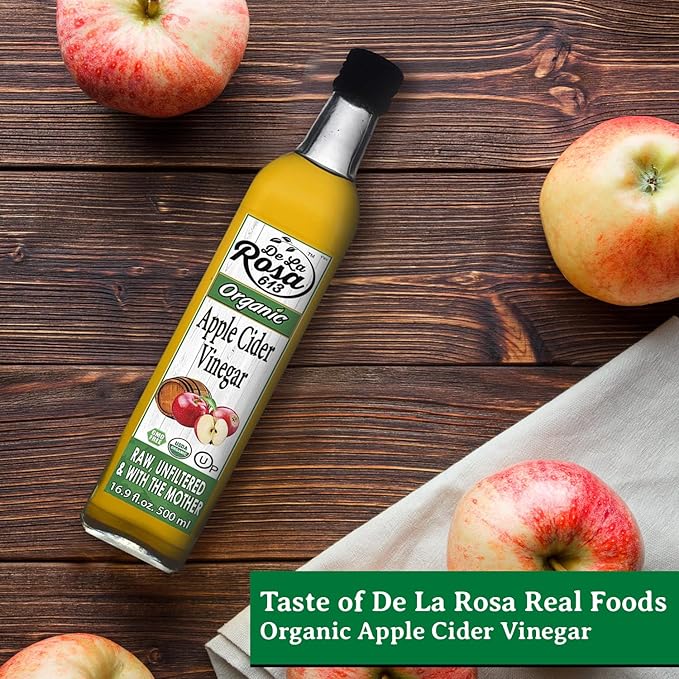 De La Rosa Organic Apple Cider Vinegar, Raw & Unfiltered, Kosher for Passover, Vegan & Gluten Free, Great for Salad Dressing & Marinades, Apple Cider with The Mother, 16.9 Oz (Pack of 2)