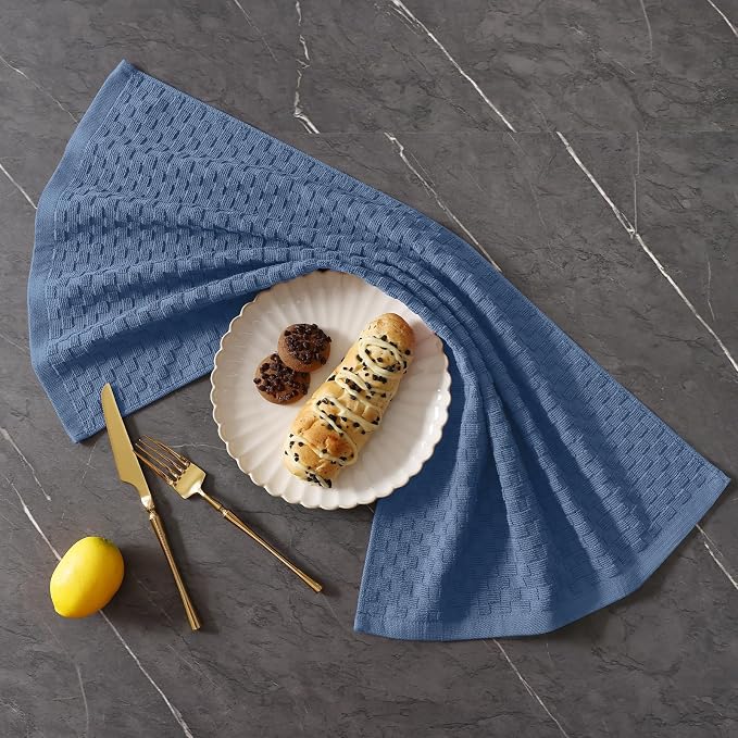 Homaxy 100% Cotton Terry Kitchen Towels(15" x 25", 12 Pack), Soft and Super Absorbent Dish Towels, 380 GSM Reusable Tea Towel with Hanging Loop, Pineapple Grid Designed, Navy Blue
