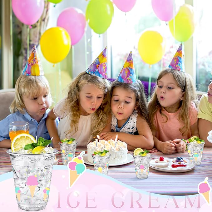 Uiifan 50 Pcs Ice Cream Party Supplies 12 oz Sprinkle Ice Cream Cups Bulk Summer Birthday Party Decorations Disposable Clear Plastic Drinking Cups for Sundae Milkshake Cold Food Soup Candies Summer