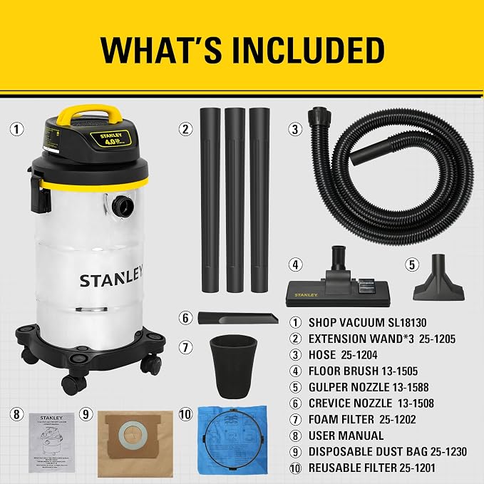 STANLEY Wet Dry Vacuum 5 Gallon with 4 HP Powerful Motor Suction,Stainless Steel Shop Vacuum Portable Wet Dry Vac for Jobsite, Workshop, Garage, Basement SL18130
