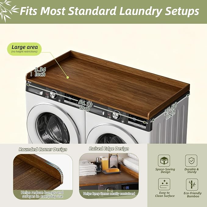 Washer Dryer Countertop, 54" x 27.5" Bamboo Countertop for Laundry Room, Washer and Dryer Topper with Edge Rails, Waterproof & Easy to Clean Laundry Organization Shelf, Natural