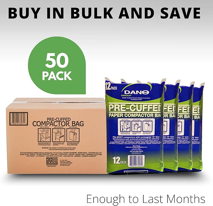 Dano Pre-Cuffed Paper Trash Compactor Bags (50 Pack) | Heavy Duty Kitchen Garbage Compactor Bags & Liners | 16 Gallon Precuffed Garbage Bag for Compactor | Eco-Friendly Compactor & Trash Bag