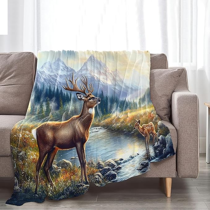 Tijuboni Elk Deer Throw Blanket Mountain Cabin Gifts for Women Men Girls Boys Kids Adults Soft Flannel Fleece Blanket for Couch Sofa Bed Home Decor 50"x60"