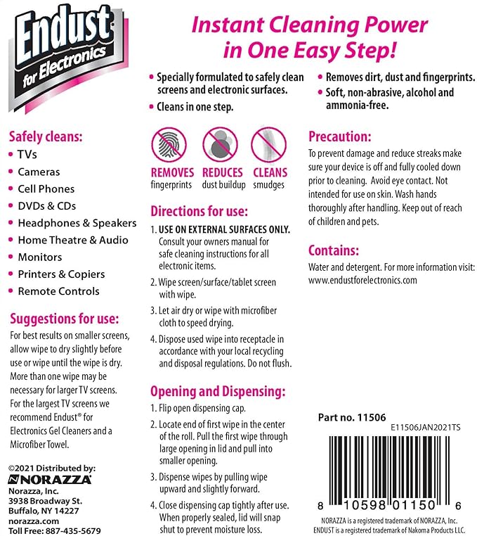 Endust For Electronics Screen & Surface Cleaning Wipes, For Tablet, E-Reader, Computer Monitor, Laptop, Phone, or TV; Pre-Moistened, Alcohol & Ammonia Free, 70 Wipes and A Microfiber Towel
