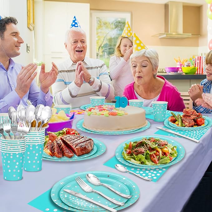 175PCS Teal Party Decorations, Turquoise Paper Plates Serve 25, Teal Plates and Napkins With Silver Plastic Silverware for Birthday, Graduation Party, Wedding, Baby Shower