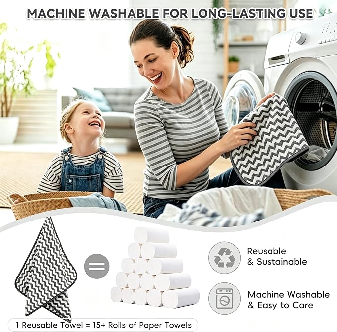 Microfiber Cleaning Cloth 6 Pack, Ultra Soft Super Absorbent Lint Free Dish Towels with Hanging Loop, 13.5x29 Inch Gray Reusable Kitchen Towels for Kitchen, Window, Car, Household