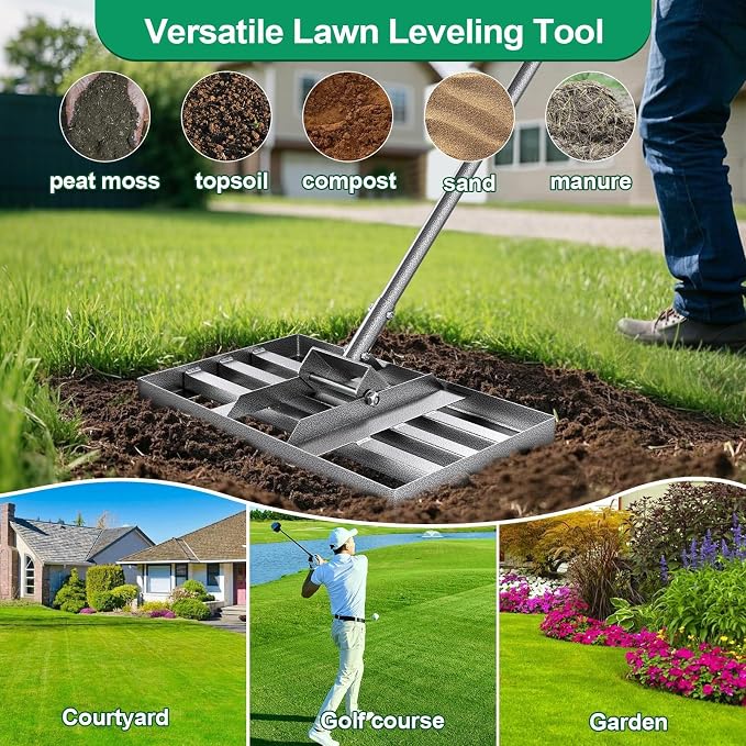 Lawn Leveling Rake, 30" x 10" Heavy Duty Lawn Leveler Tool with Adjustable Handle, Steel Ground Leveling Rake for Spreading Soil, Sand, Compost & Top Dressing, Yard Garden Farm Golf Course Tool