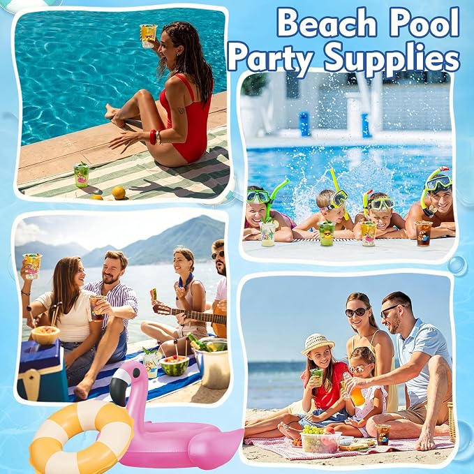 100Pcs Beach Pool Plastic Party Cups, 12oz Summer Disposable Clear Cups for Pool Party, Beach Holiday Party, Birthday Drinking Cups, Hawaiian Luau Supplies Summer Favors (2 Styles)