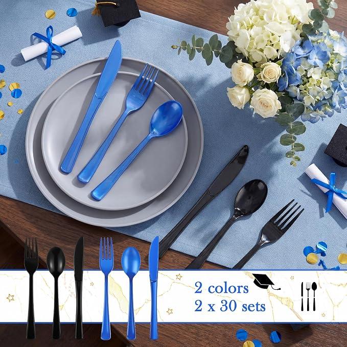 Minatee 180 Pcs Black and Blue Graduation Plastic Silverware Heavy Duty Cutlery Sets Disposable Utensils for Holiday Birthday Themed Party Supplies, 60 of Each Forks Knives Spoons