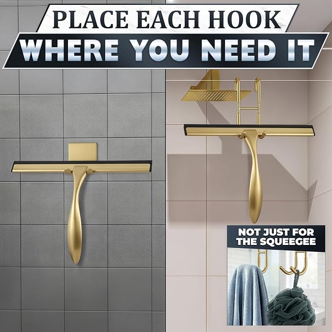 Shower Door Squeegee with Hook - 10" Silicone Blade, Stainless Steel Gold Squeegee for Shower Glass with Adhesive Mount - All-Purpose Bathroom Tile, Mirror, & Window Wiper for Streak-Free Cleaning