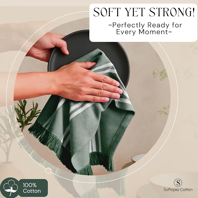 Stripe Kitchen Towels 4 Pack, 16x26 Inches, Cotton Dish Cloths, Absorbent Drying Rags, Reusable and Washable Tea Towels, Cleaning Cloths for Daily Kitchen Use - Forest Green