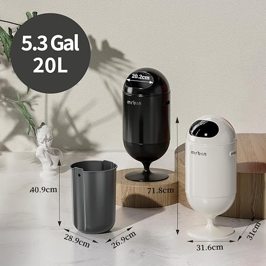 MRBIN Metal Trash Can with Lid, 5.3 Gallons / 20L Medium Decorative Waste Basket, Round Tall Garbage with High Leg for Bathroom, Office, Bedroom, Kitchen, Cream White