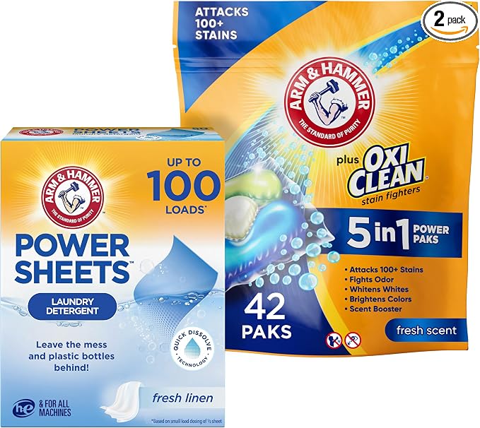 Bundle of Arm & Hammer Power Sheets Laundry Detergent, Fresh Linen 50ct, up to 100 Small Loads (Packaging may vary) + Arm & Hammer Plus OxiClean 5-in-1
