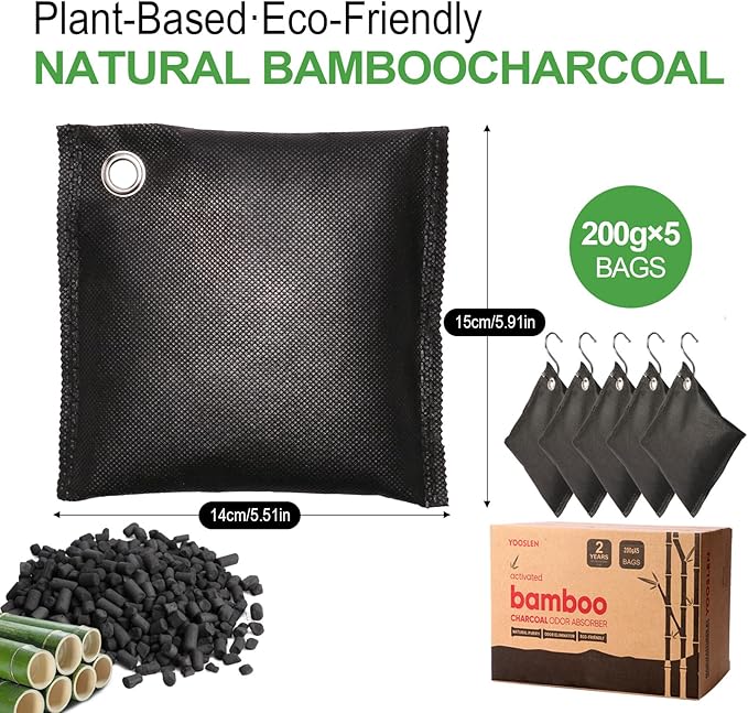 Activated Charcoal Odor Absorber for Strong Odors in Car, Closet, Shoe, Basement. 5 Activated Charcoal Bags Odor Absorbers for Home. Bamboo Charcoals Air Purifying Bag Charcoals Deodorizer Eliminator