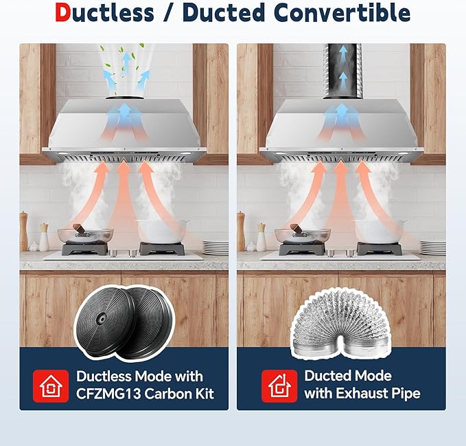 Range Hood Insert 30 inch, Ducted/Ductless Range Hood with Gesture Sensing & Touch Control, Built-in Kitchen Hood 600CFM, 2 Pcs Stainless Steel Baffle Filters