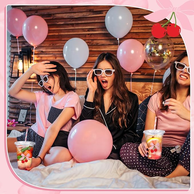 Sliner 25 Pcs 16 oz Coquette Disposable Plastic Cups with Straw for Party Supplies Bow Cups Birthday Wedding Bridal Engagement Party Drinkware Baby Shower Decoration (Cherry Bow)