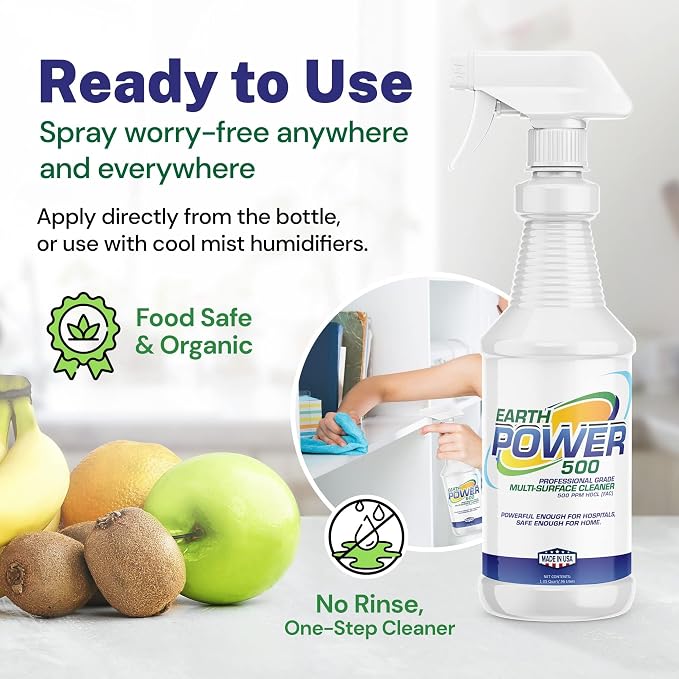 Earth Power Hypochlorous Acid 500 PPM Multipurpose Cleaner – Natural & Non-Toxic – Tile, Refrigerator, Shower, Countertop & Floor Cleaner – Family, Food & Pet Safe Cleaning Supplies – 32 oz