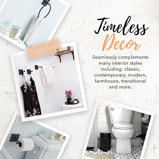 Autumn Alley Matte Black Farmhouse Bathroom Set – 5-Piece Hardware Kit with Towel Ring, TP Holder, Hooks & Metal Step Trash Can with Lid for Rustic, Modern Bathroom Décor