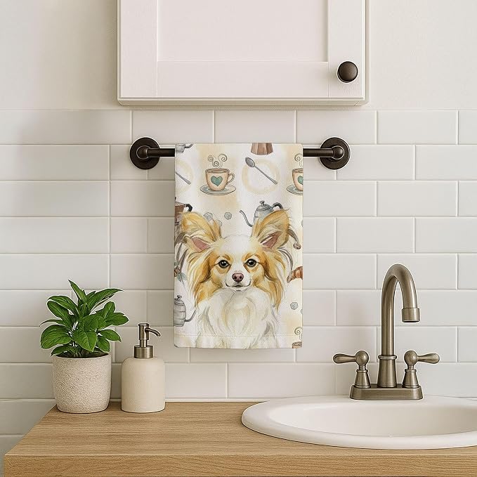 Caroline's Treasures Lemon and White Papillon Coffee Bar Kitchen Towel Velour Plush Front and Cotton Loop Back Machine Washable
