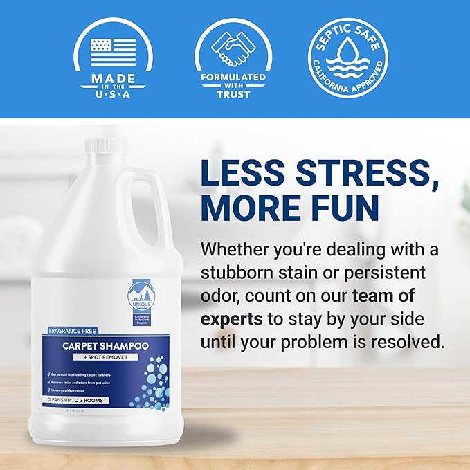 Unique Carpet Shampoo, Pet Stain & Odor Remover, Enzyme Carpet Cleaner for Dog & Cat Urine, Deep Cleaning Solution, Value Size, 128 oz