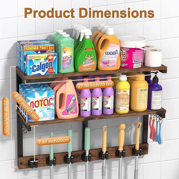 Housolution 2 Tier Broom Holder Wall Mount with Cleaning Supplies Organizer, 100 LBS High Load-Bearing Laundry Room Storage Shelves, Multifunctional Mop Hanger Rack with 7 Grippers & 8 Hooks