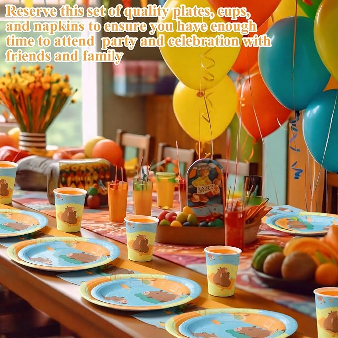 Pickmesh 250 Pcs Capybara Party Supplies Decorations Serve 50 Capybara Disposable Paper Plates Napkins and Cups Tableware Set Animals Themed Baby Shower Birthday Party Supplies