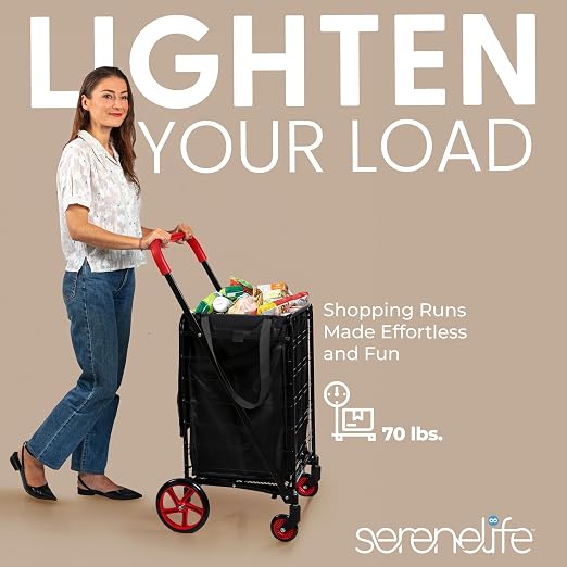 SereneLife Small Compact Folding Shopping Cart with Removable Waterproof Liner – 360° Swivel Wheels, Rust‑Proof Steel Frame, 70 lb Capacity – Portable Grocery, Laundry & Travel Cart (Red)